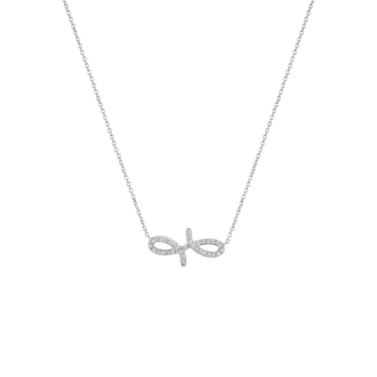 A delicate silver chain necklace featuring a small infinity symbol pendant paved with clear stones, shown against a plain white background.