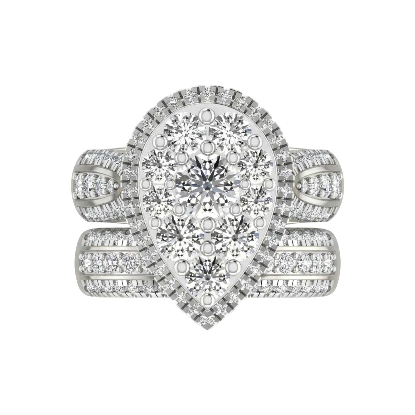 Diamond ring with a pear-shaped center stone on a white background