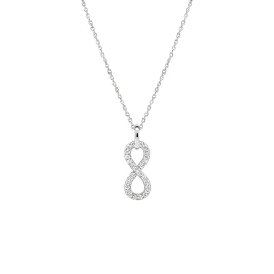 Silver infinity pendant necklace on a white background