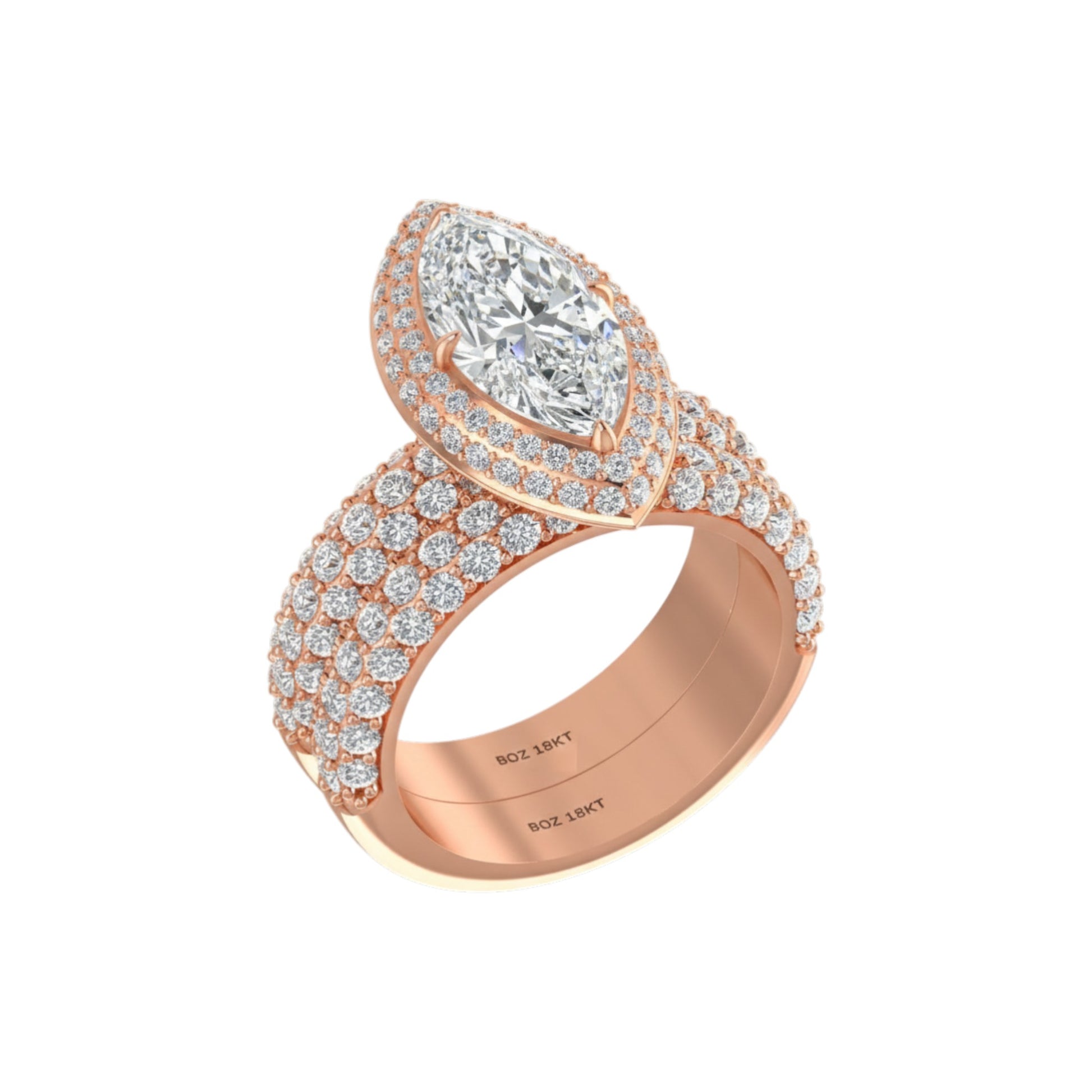 Rose gold ring with large central diamond and smaller diamonds on a white background