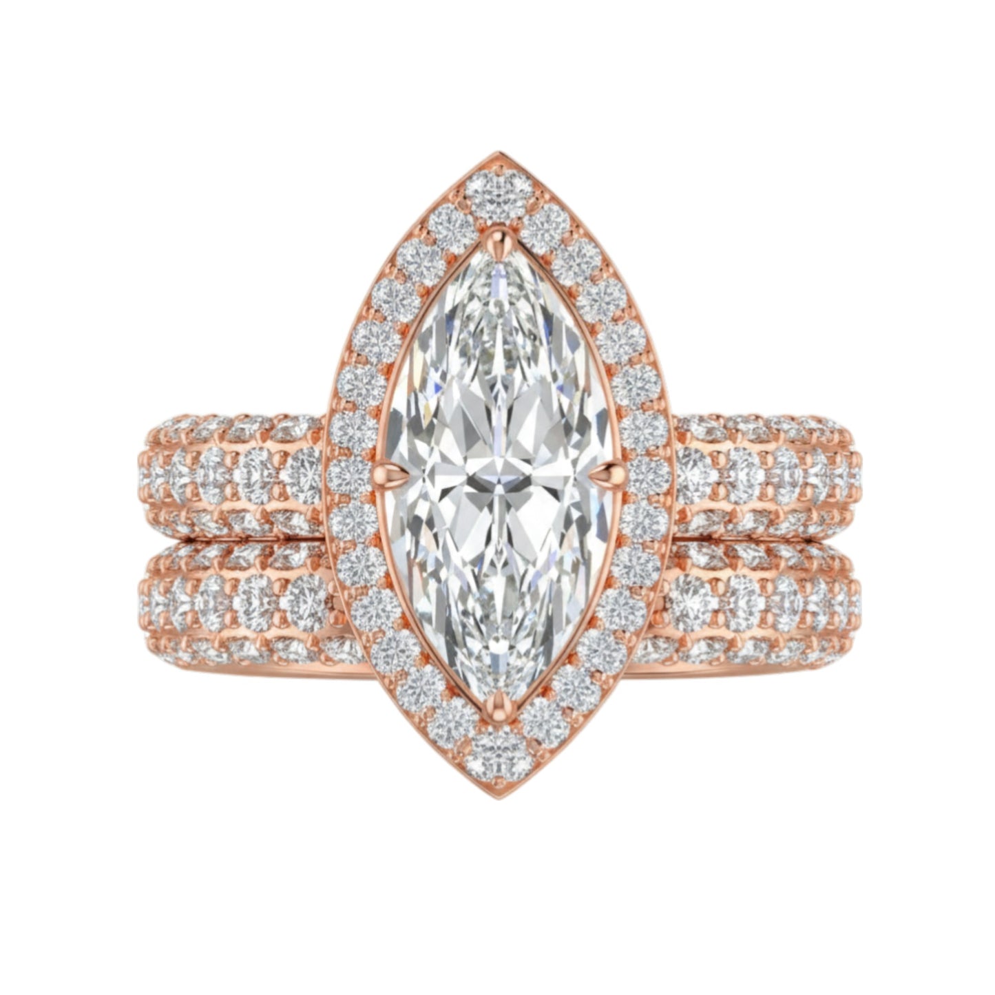 Rose gold ring with a large diamond and smaller diamonds on a white background