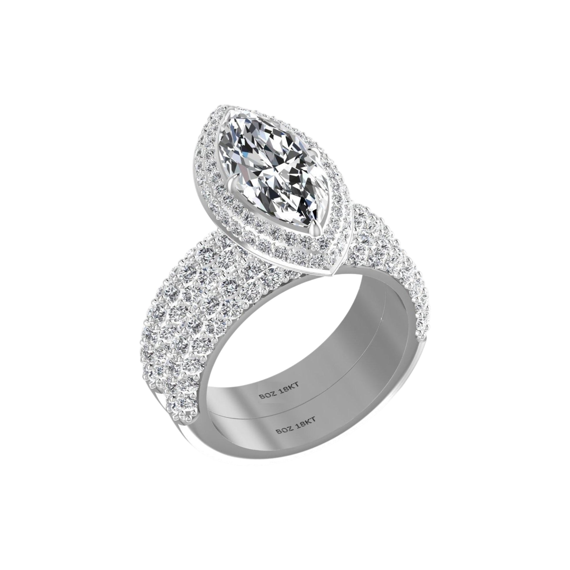 Elegant diamond ring with a large central gemstone and smaller diamonds on a white background