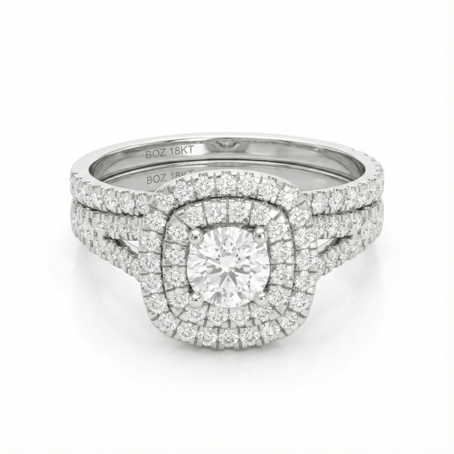 Audre Round Cut natural diamond cluster bride set in 18KT gold with pavé diamonds and split shank design