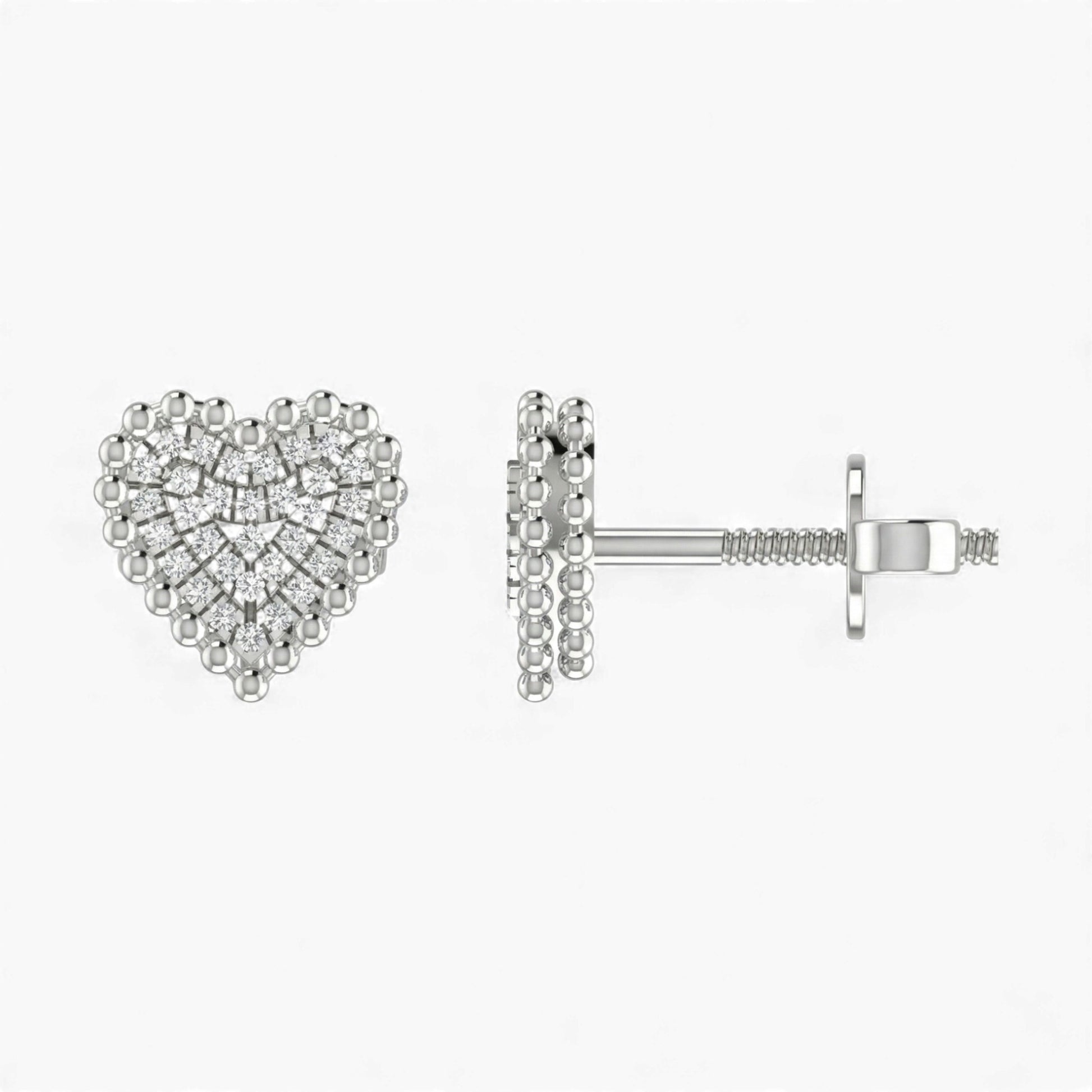 Heart-shaped silver earrings with clear gemstones on a white background