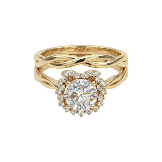 Gold ring with a diamond on a white background