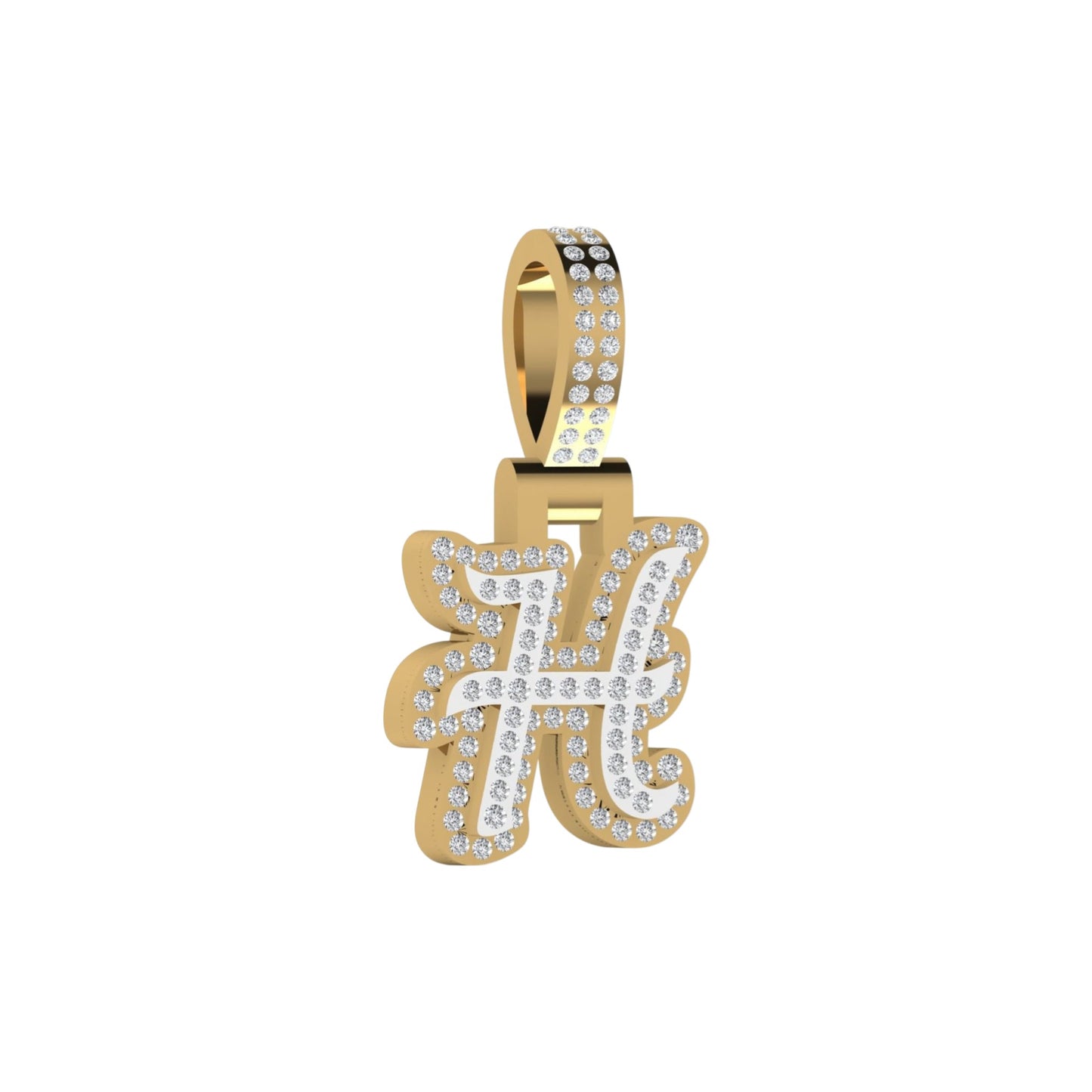 Gold pendant with letter 'M' design on a white background