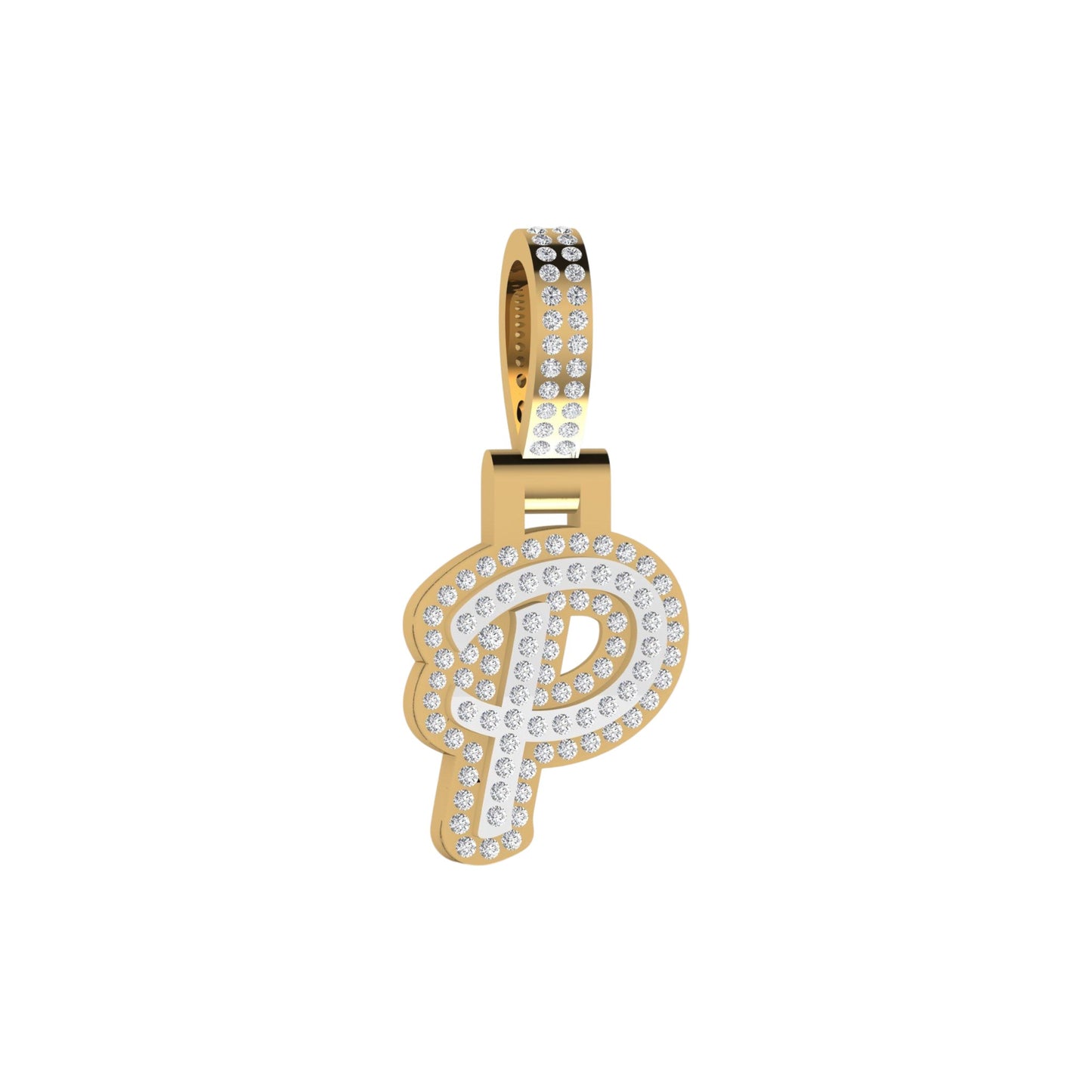 Gold and diamond-encrusted letter 'P' pendant on a white background