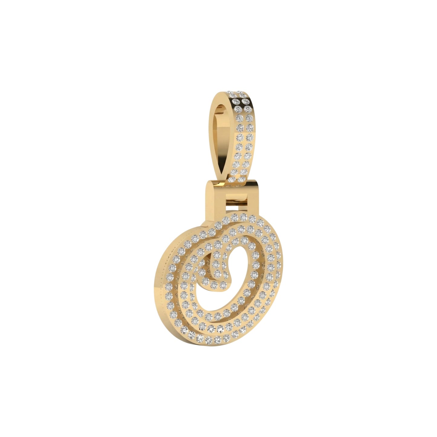 Gold spiral pendant with diamond accents on a white background
