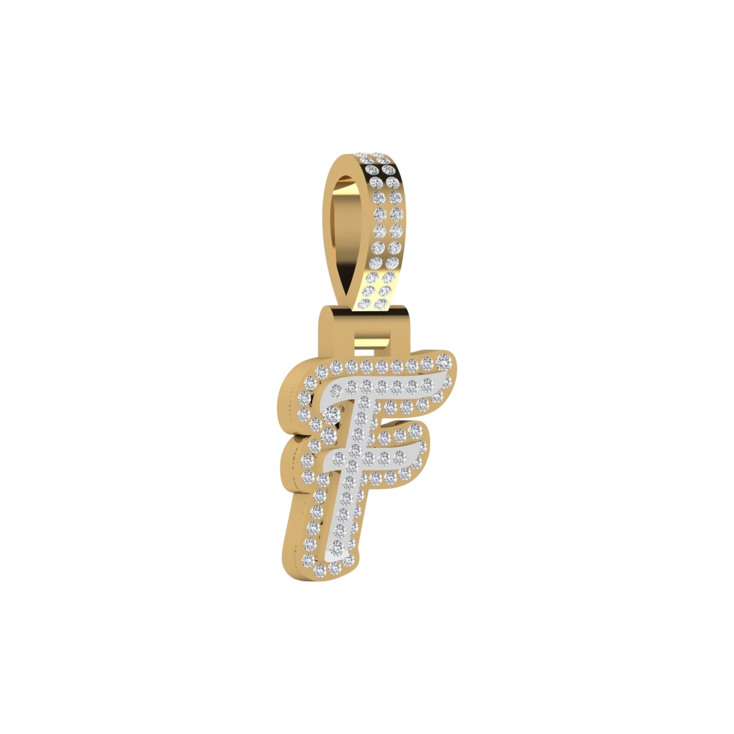Gold pendant with letter 'F' design on a white background