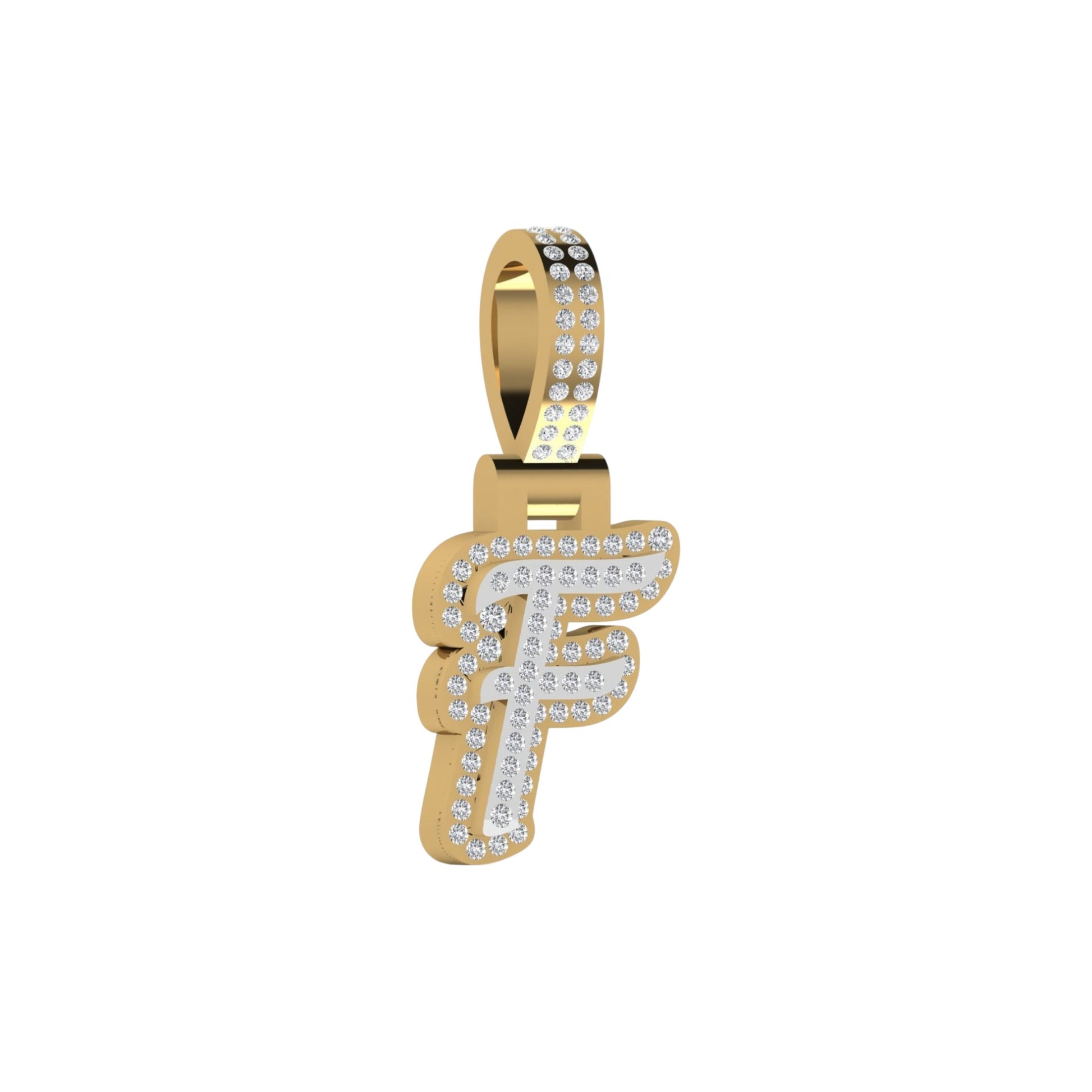 Gold pendant with letter 'F' design on a white background