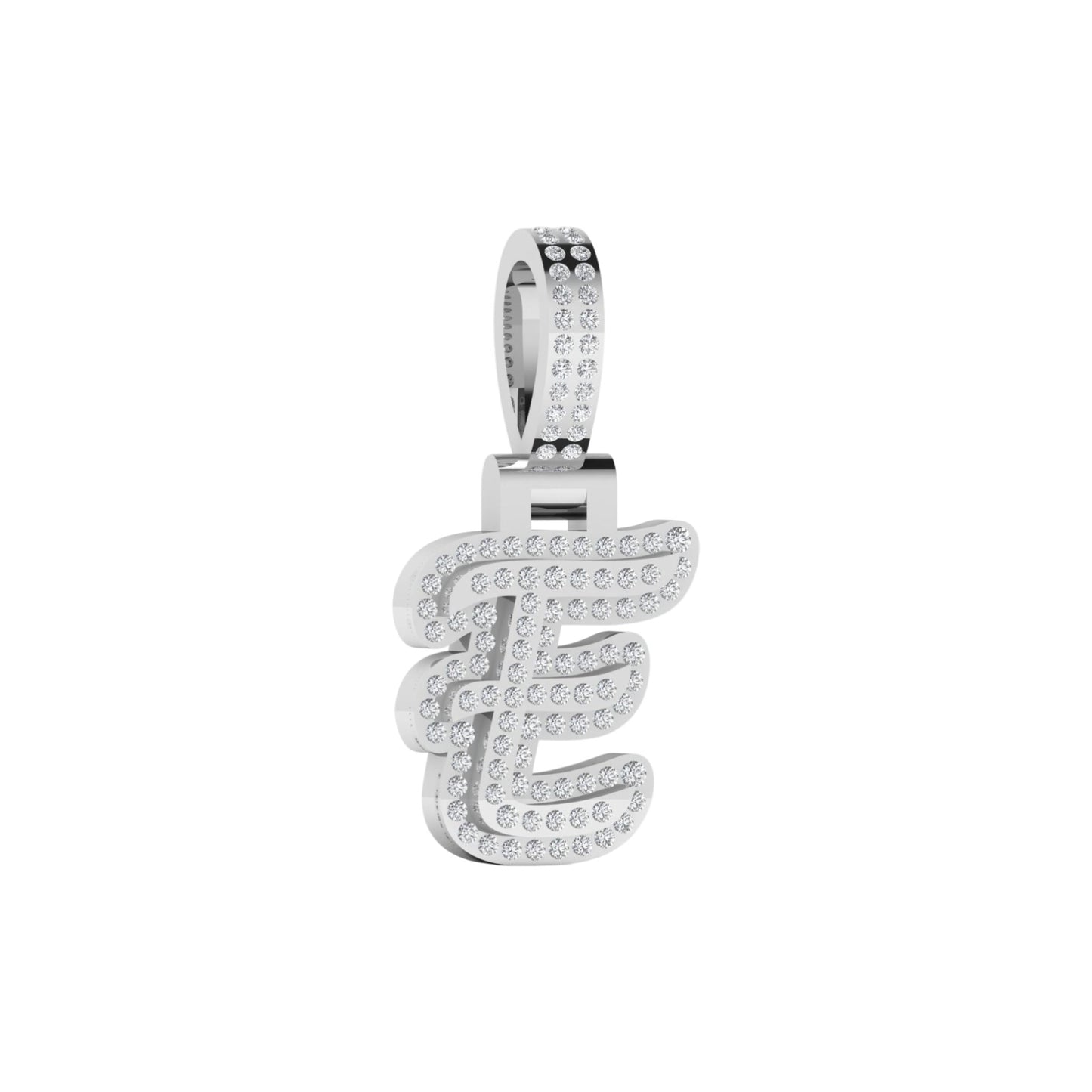 Silver pendant with letter 'E' design on a white background
