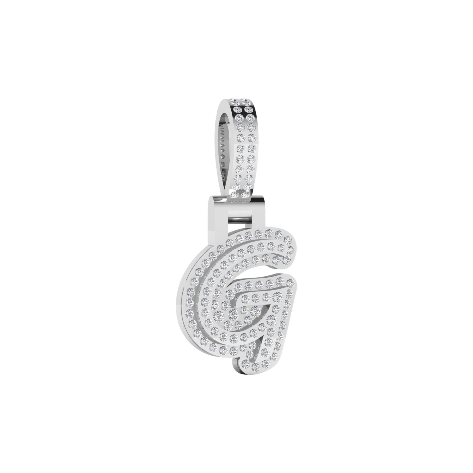 Silver pendant with 'G' design on a white background