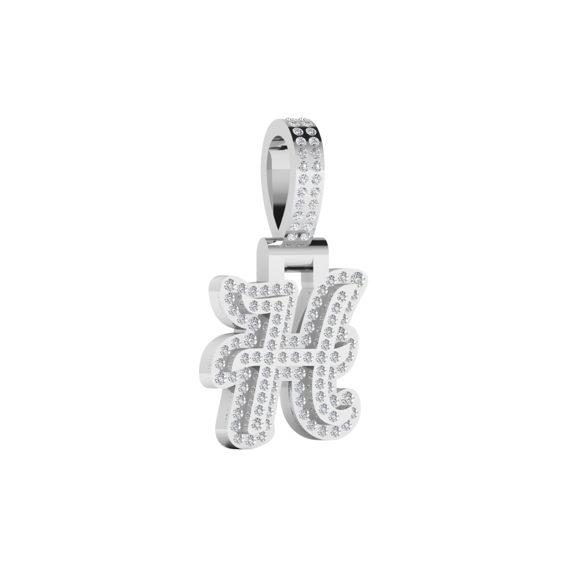 Silver pendant with letter 'H' design on a white background