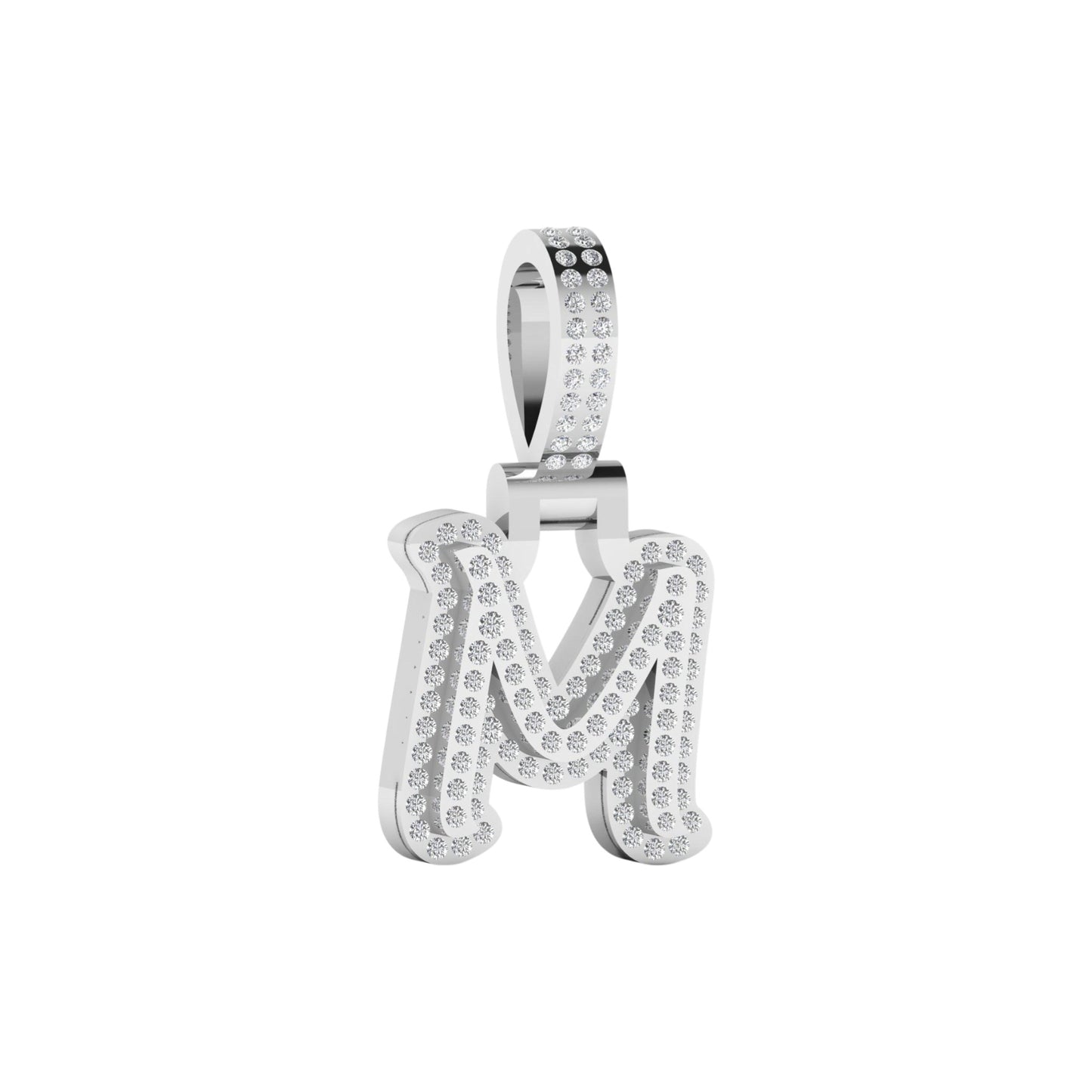 Silver 'M' pendant with gemstones on a white background