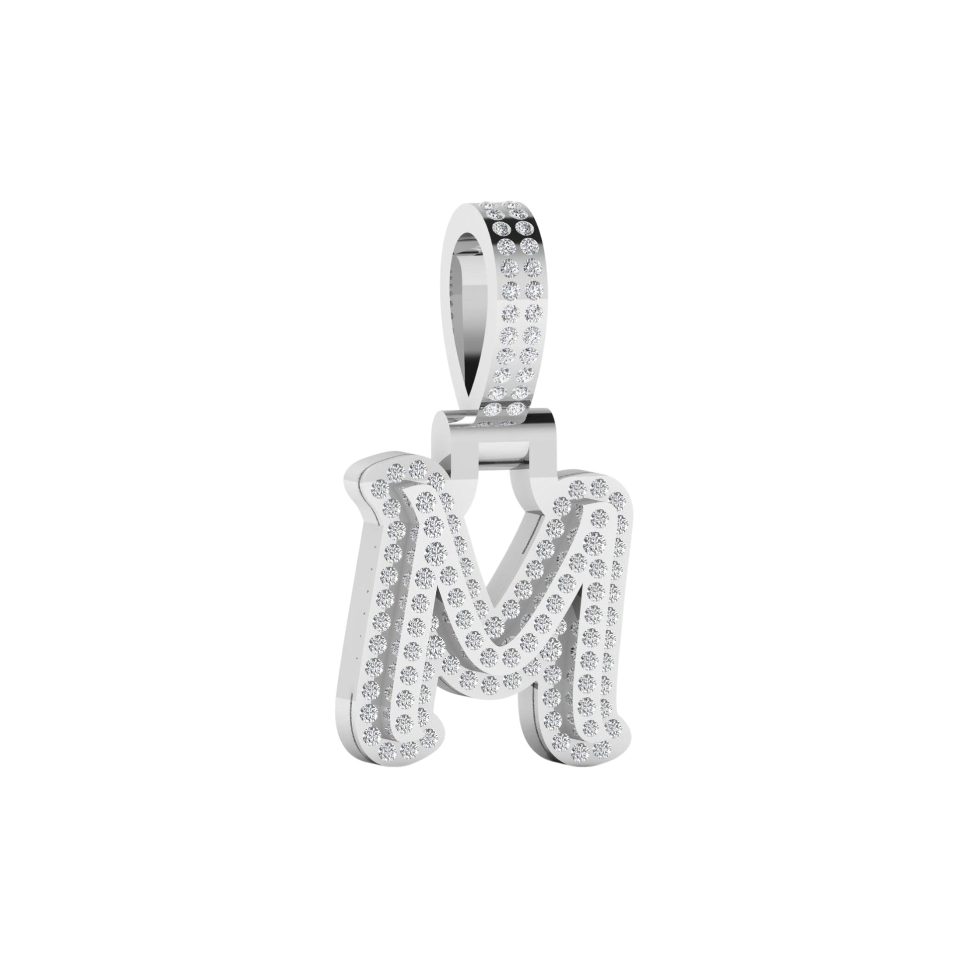 Silver 'M' pendant with gemstones on a white background