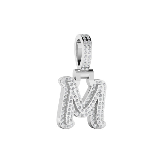 Silver 'M' pendant with gemstones on a white background