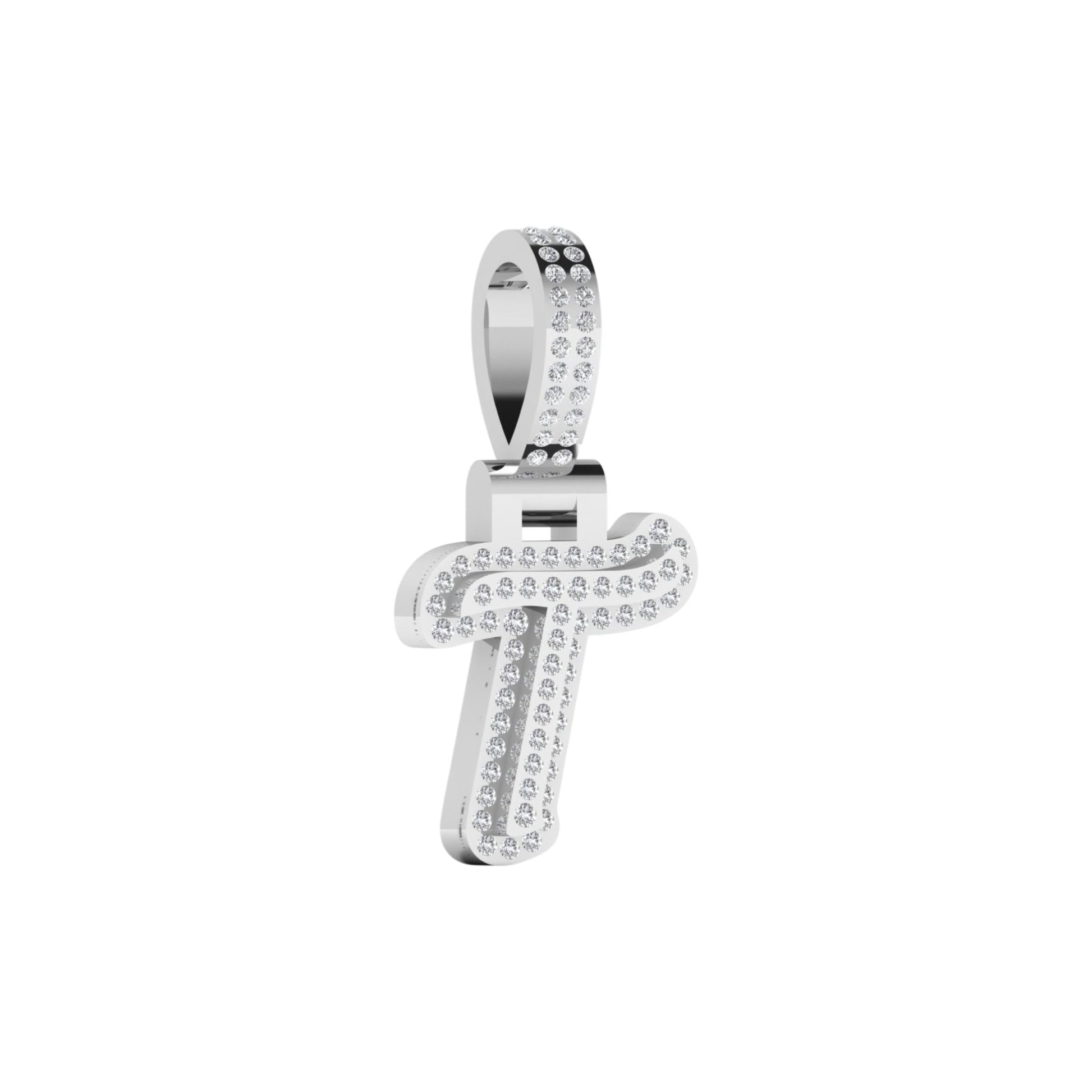 Silver cross pendant with clear stones on a white background