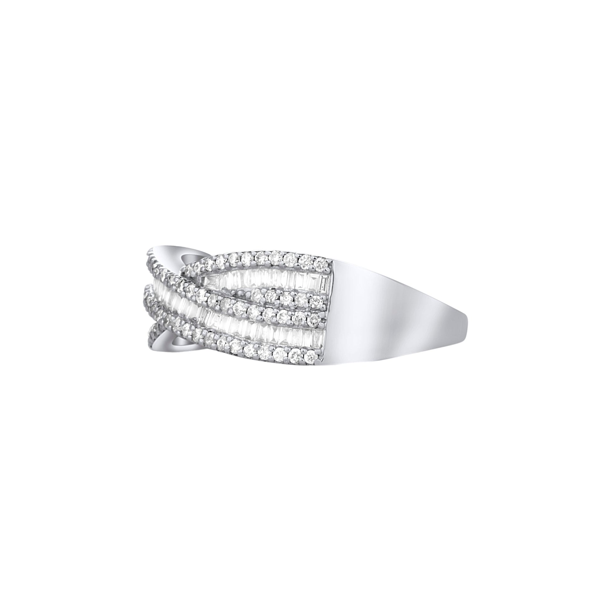 Silver ring with multiple bands and embedded stones on a white background