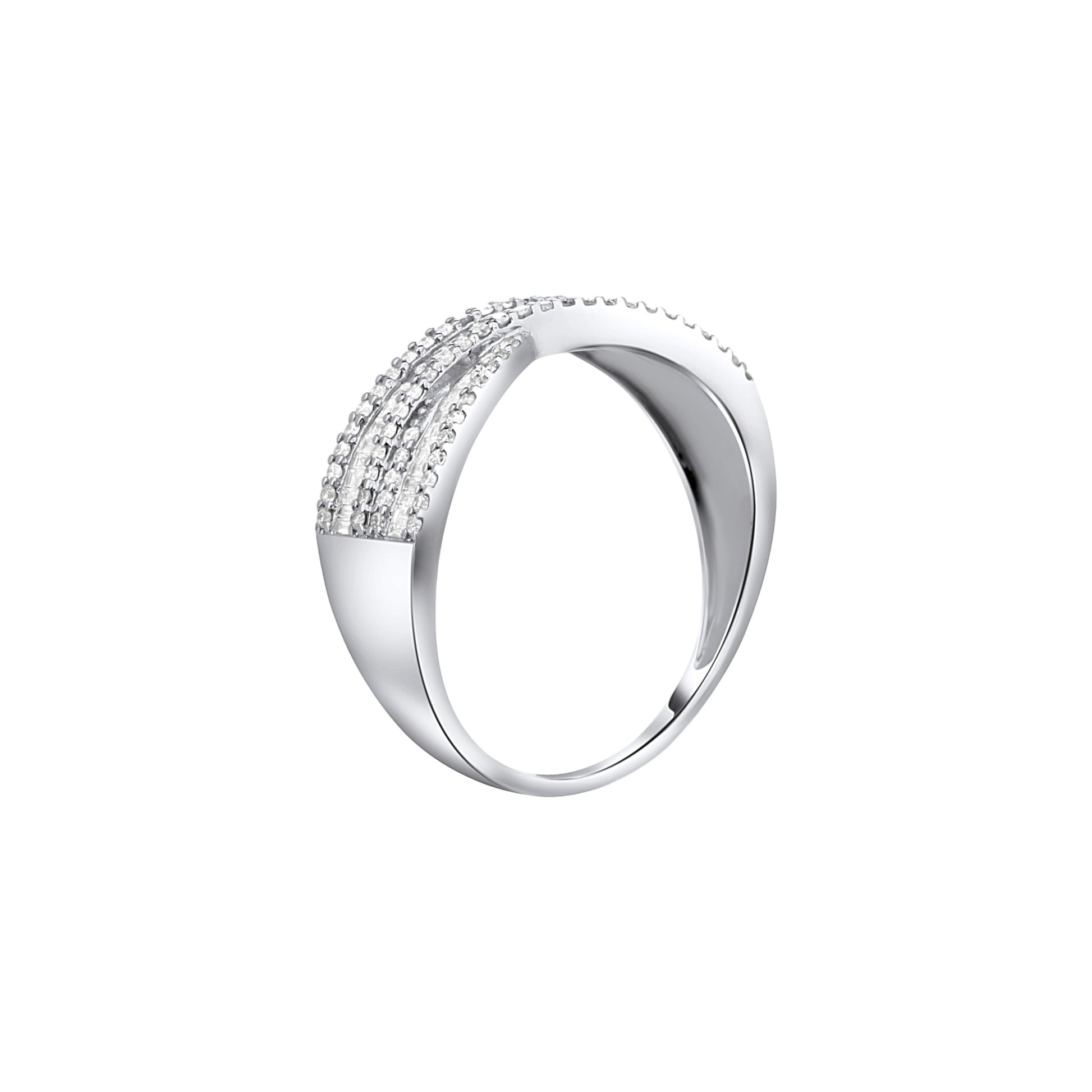 Silver ring with embedded diamonds on a white background