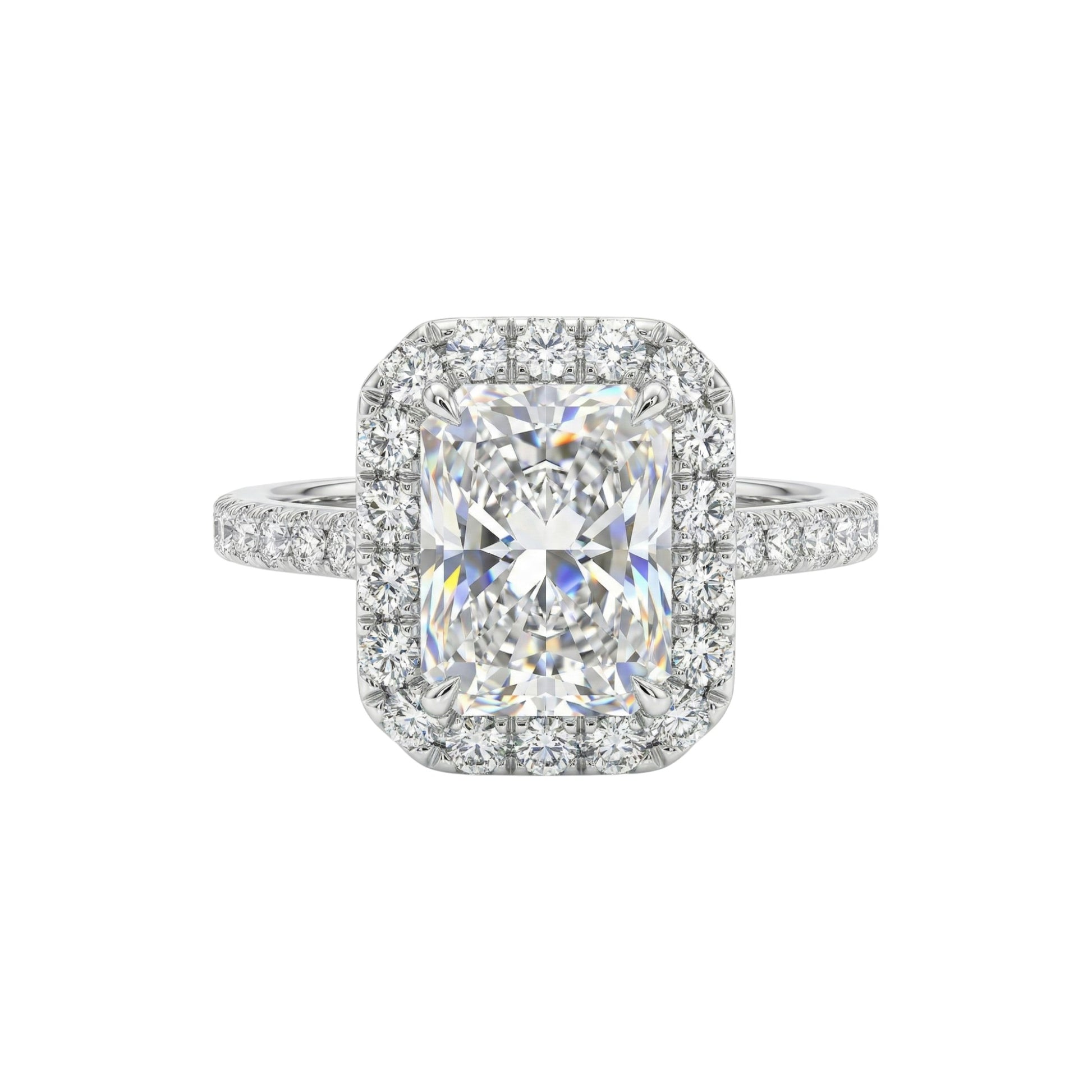 Diamond ring with a cushion-cut center stone on a white background