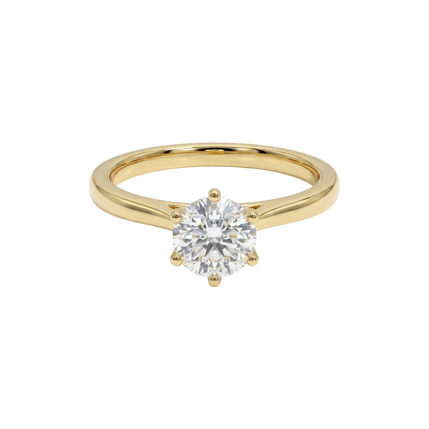 Classic 6 prong solitaire engagement ring with round cubic zirconia set in 18KT gold band