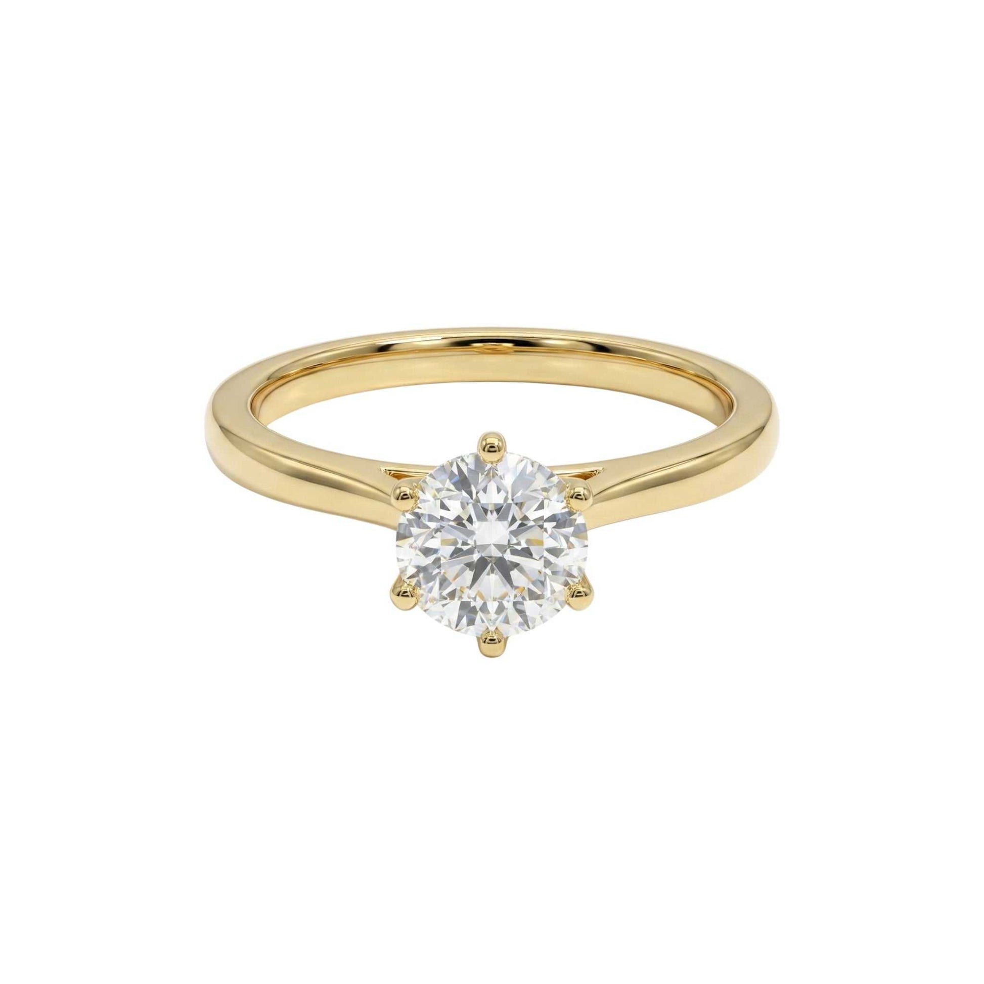 Classic 6 prong solitaire engagement ring with round cubic zirconia set in 18KT gold band