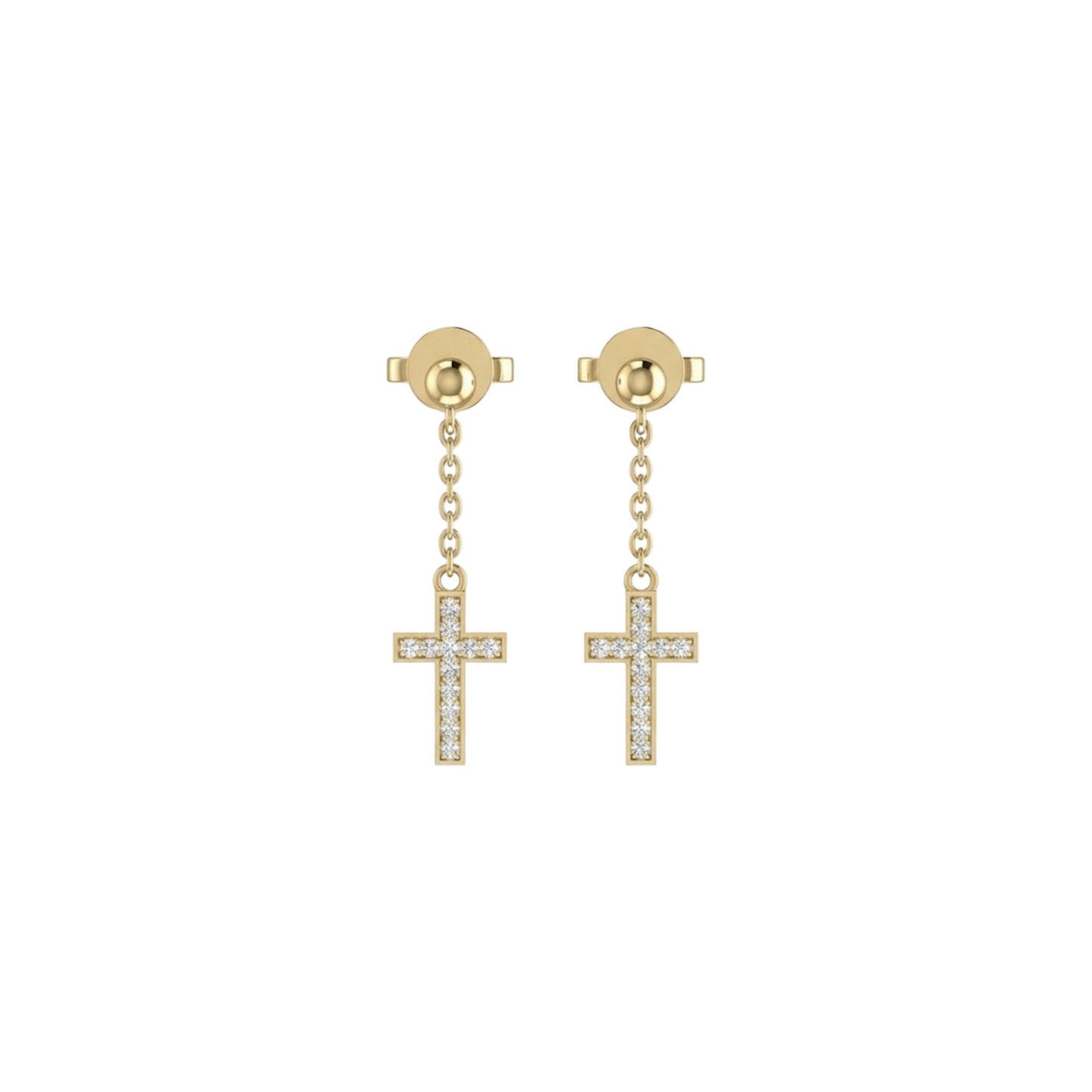 Gold cross earrings with diamond accents on a white background
