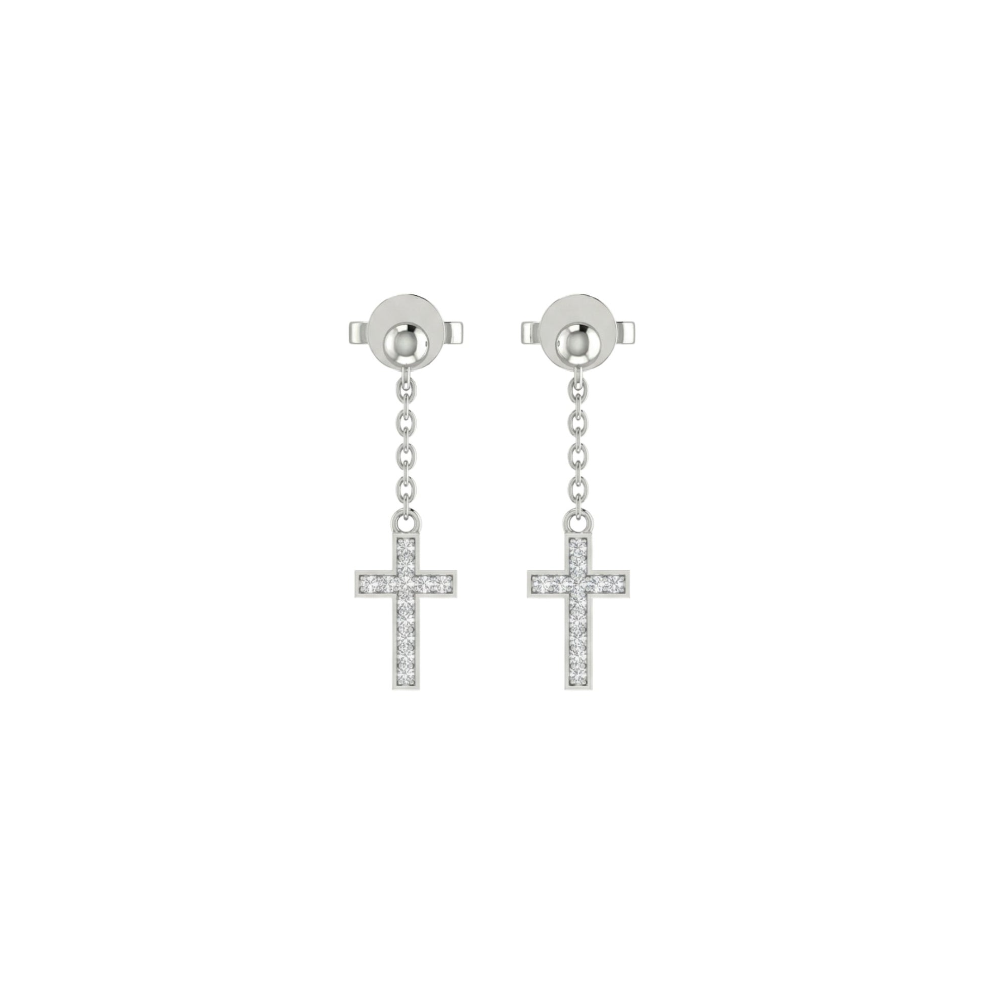 Silver cross earrings with clear stones on a white background