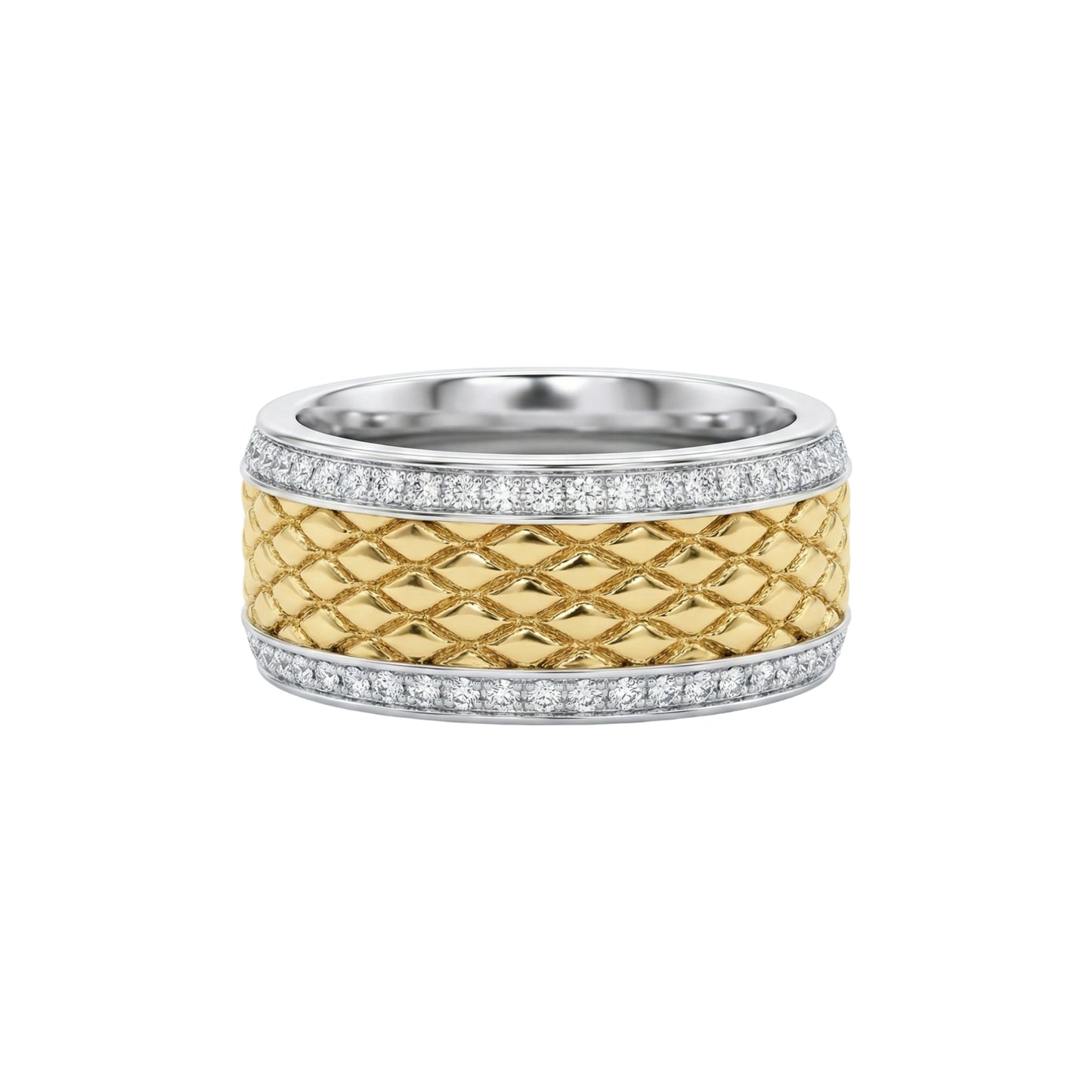 Two-tone gold and silver ring with diamond accents on a white background