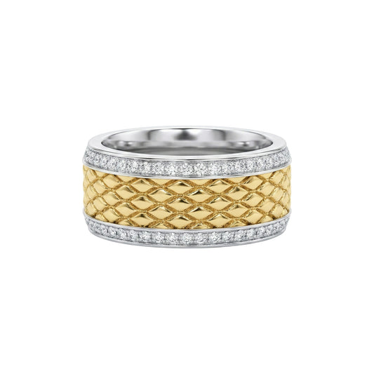 Two-tone gold and silver ring with diamond accents on a white background