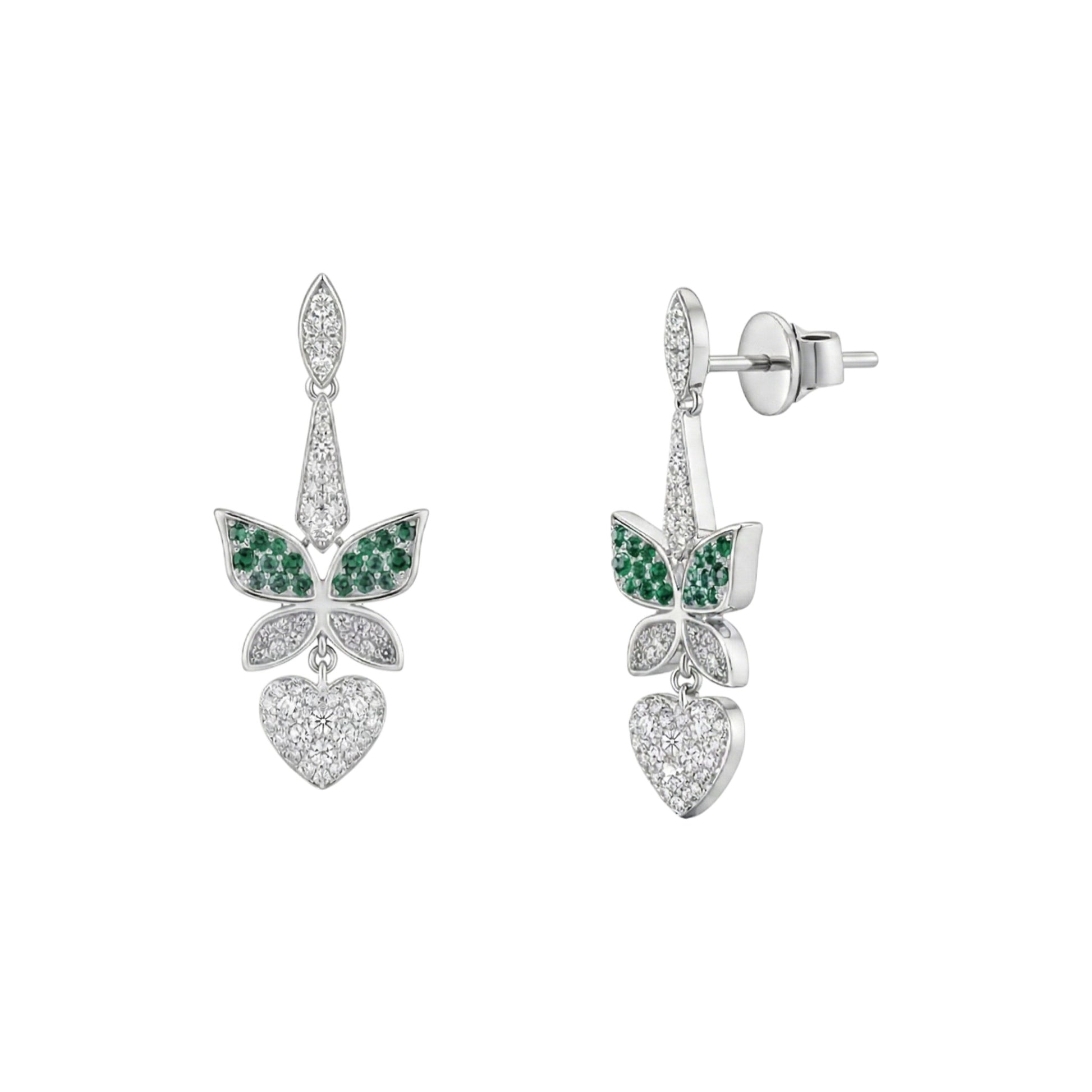 Silver earrings with green gemstones on a white background