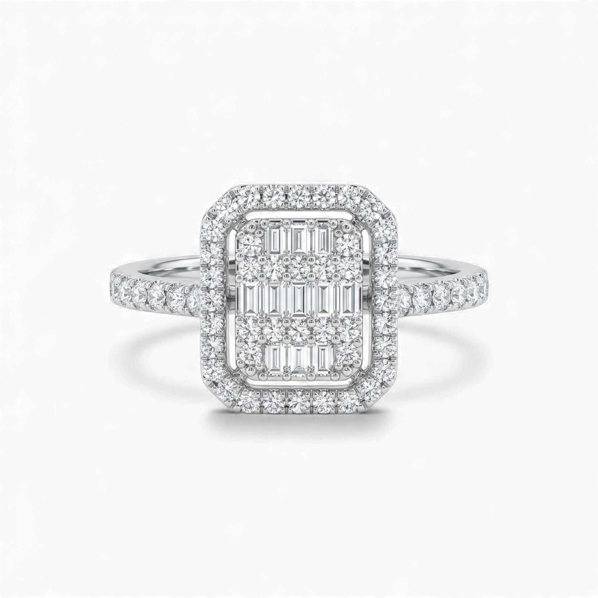 Diamond ring with a rectangular center and smaller diamonds on a white background