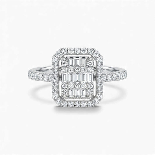 Diamond ring with a rectangular center and smaller diamonds on a white background