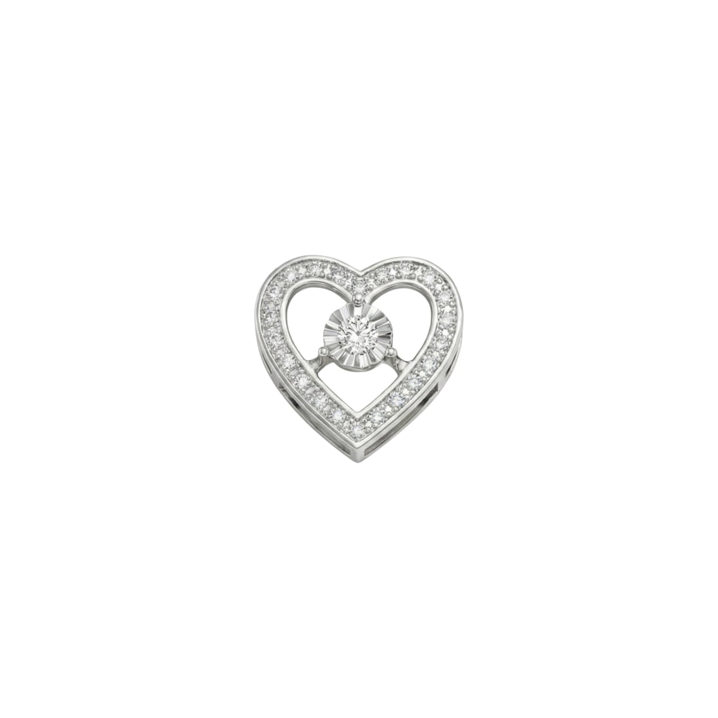 Silver heart-shaped pendant with a central gemstone on a white background