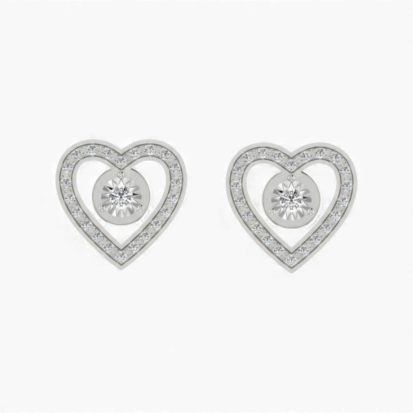 Heart-shaped silver earrings with clear gemstones on a white background