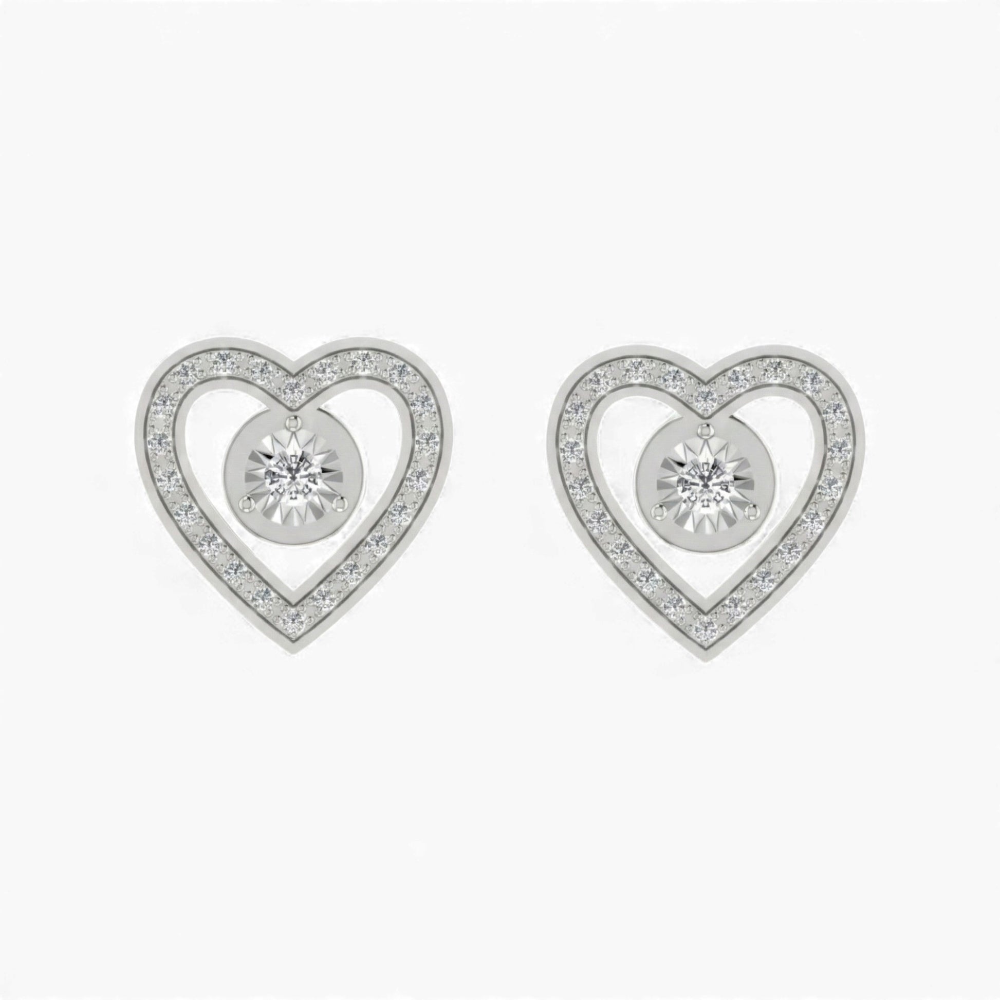 Heart-shaped silver earrings with clear gemstones on a white background