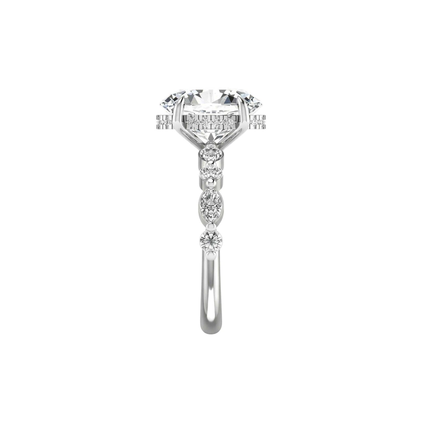 Diamond ring with a central gemstone and smaller stones on a white background