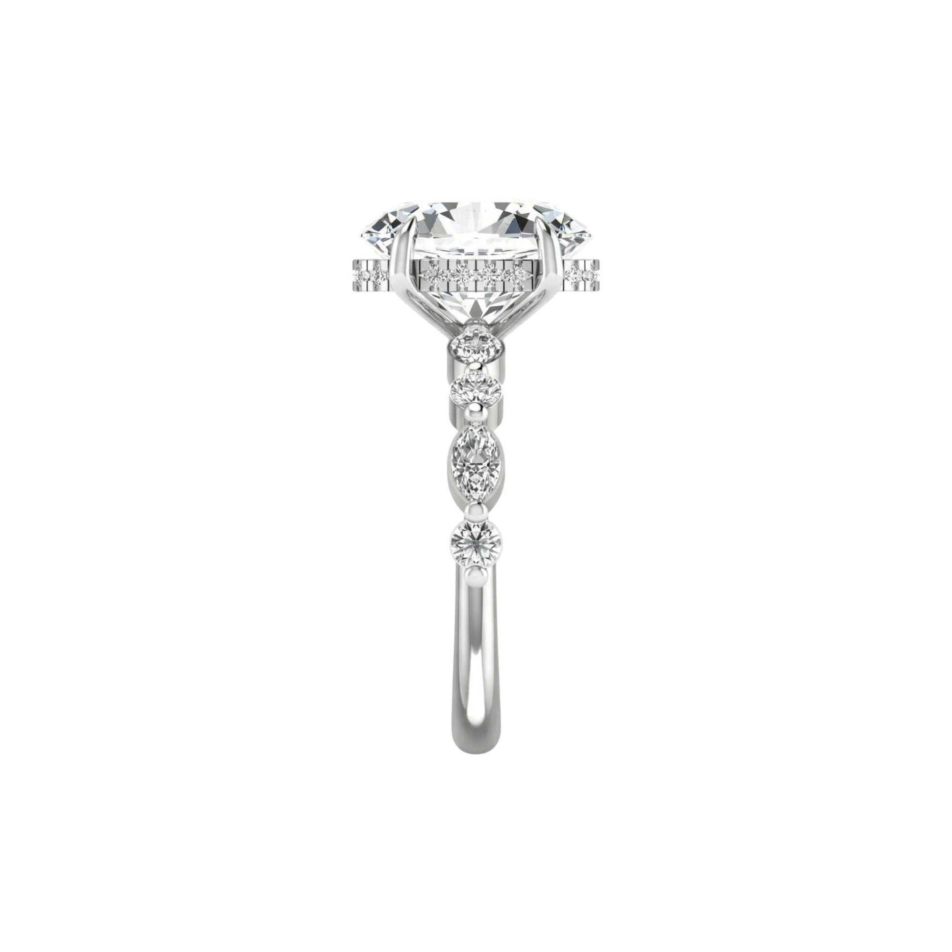 Diamond ring with a central gemstone and smaller stones on a white background
