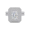 Diamond ring with a large central gemstone and smaller diamonds around on a white background