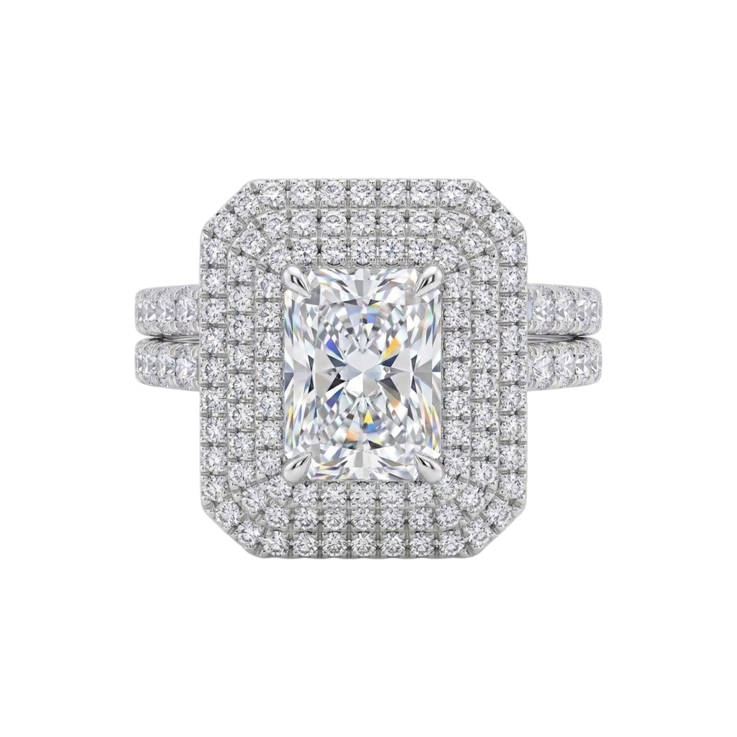 Diamond ring with a large central gemstone and smaller diamonds around on a white background