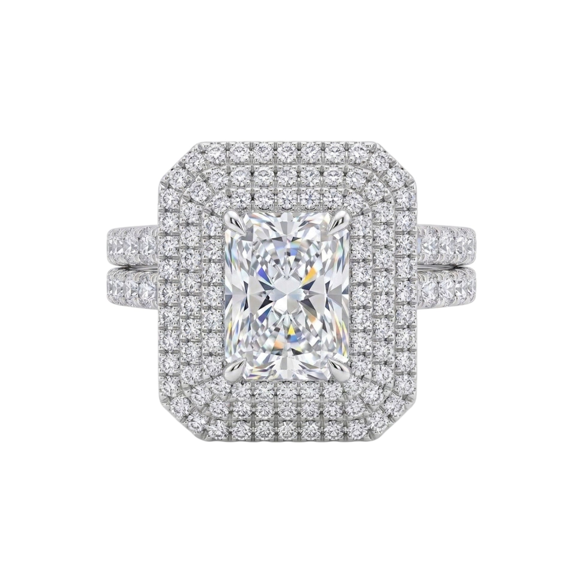 Diamond ring with a large central gemstone and smaller diamonds around on a white background