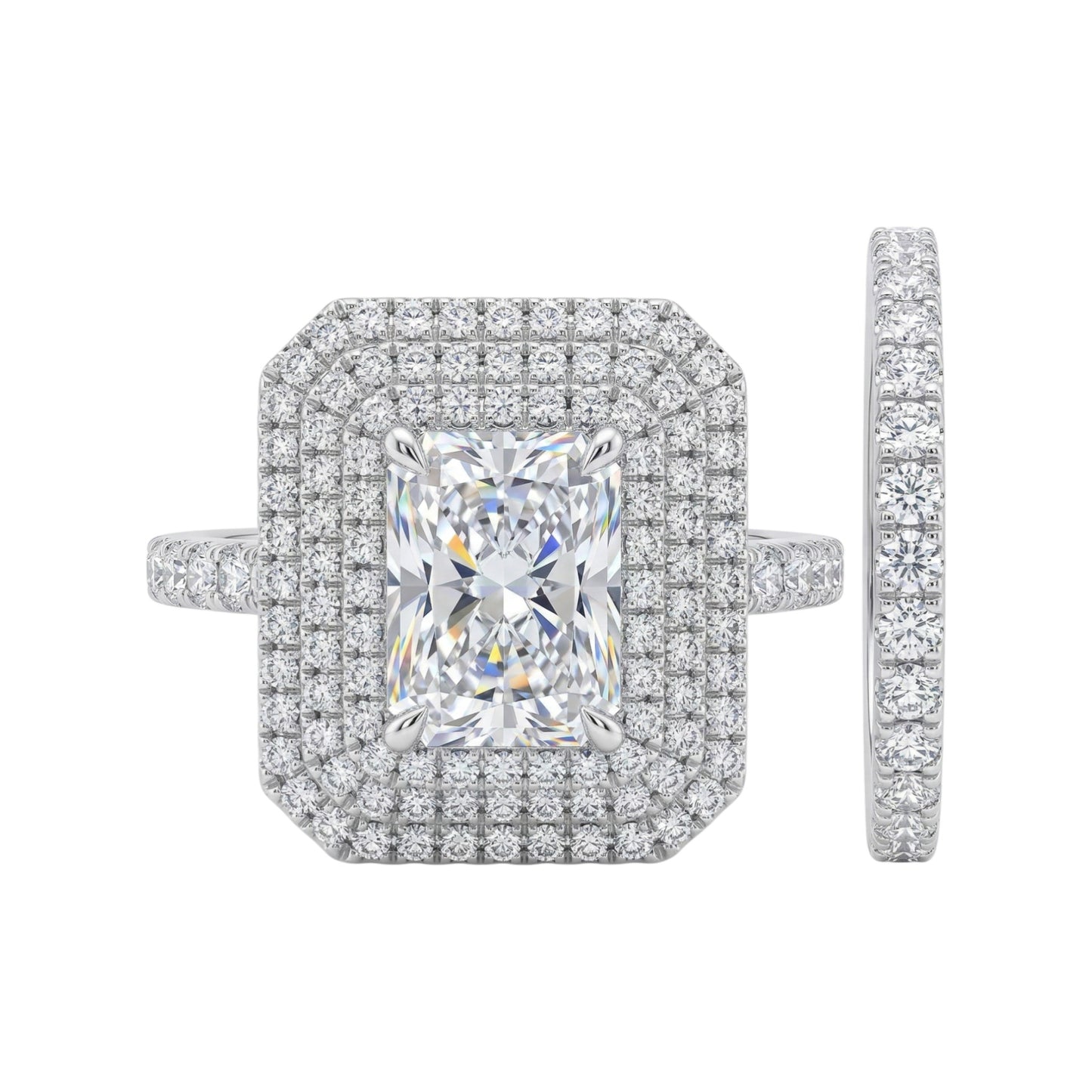 Diamond ring with a large central gemstone and smaller diamonds around on a white background