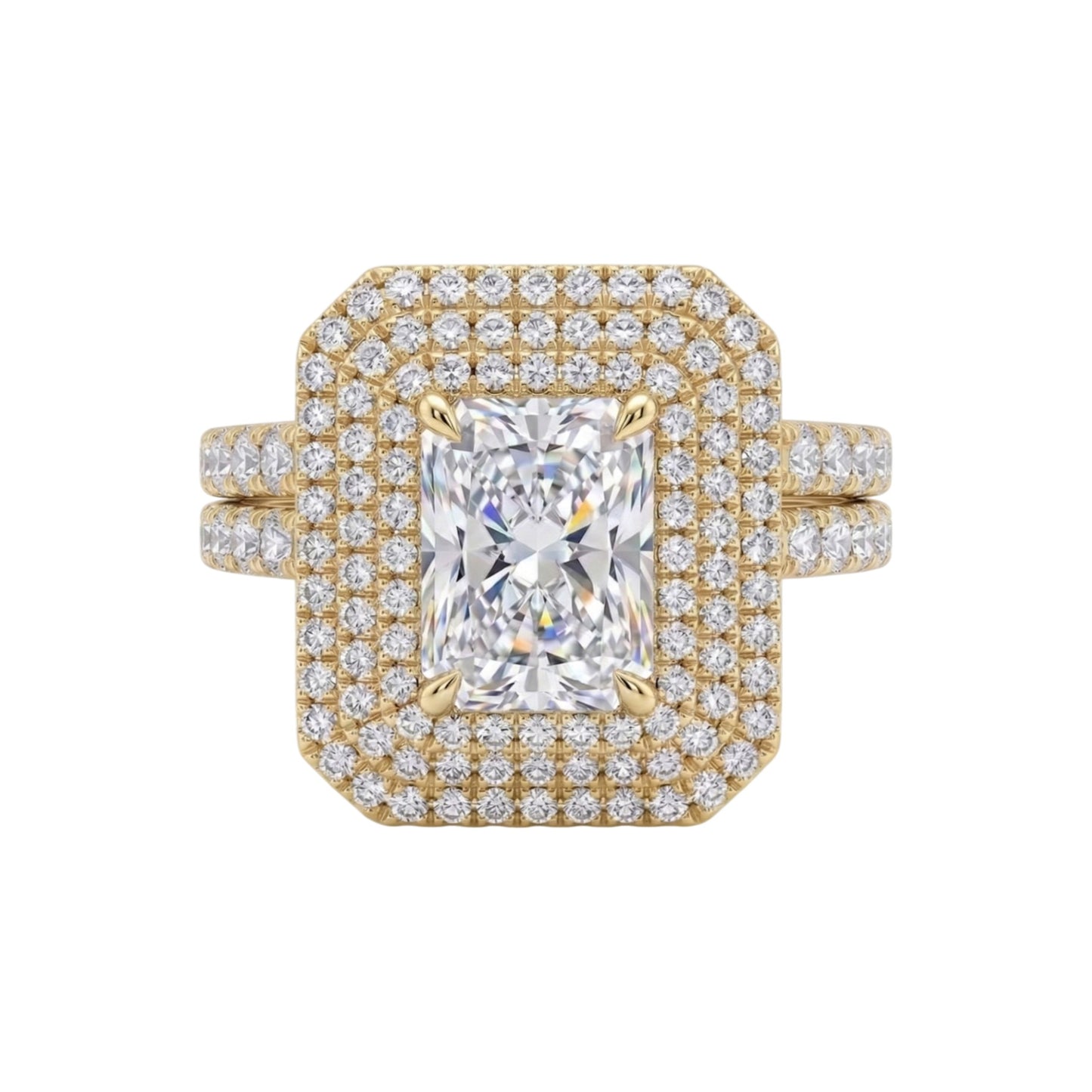 Gold ring with a large diamond and smaller diamonds on a white background