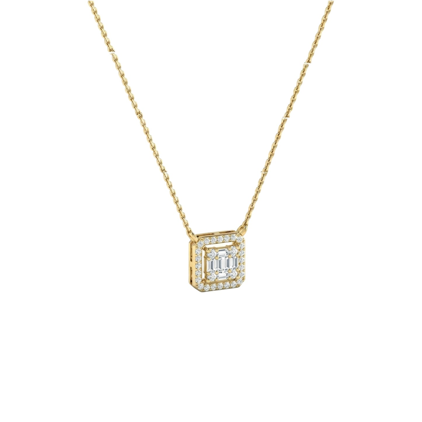 Gold necklace with a square pendant on a white background