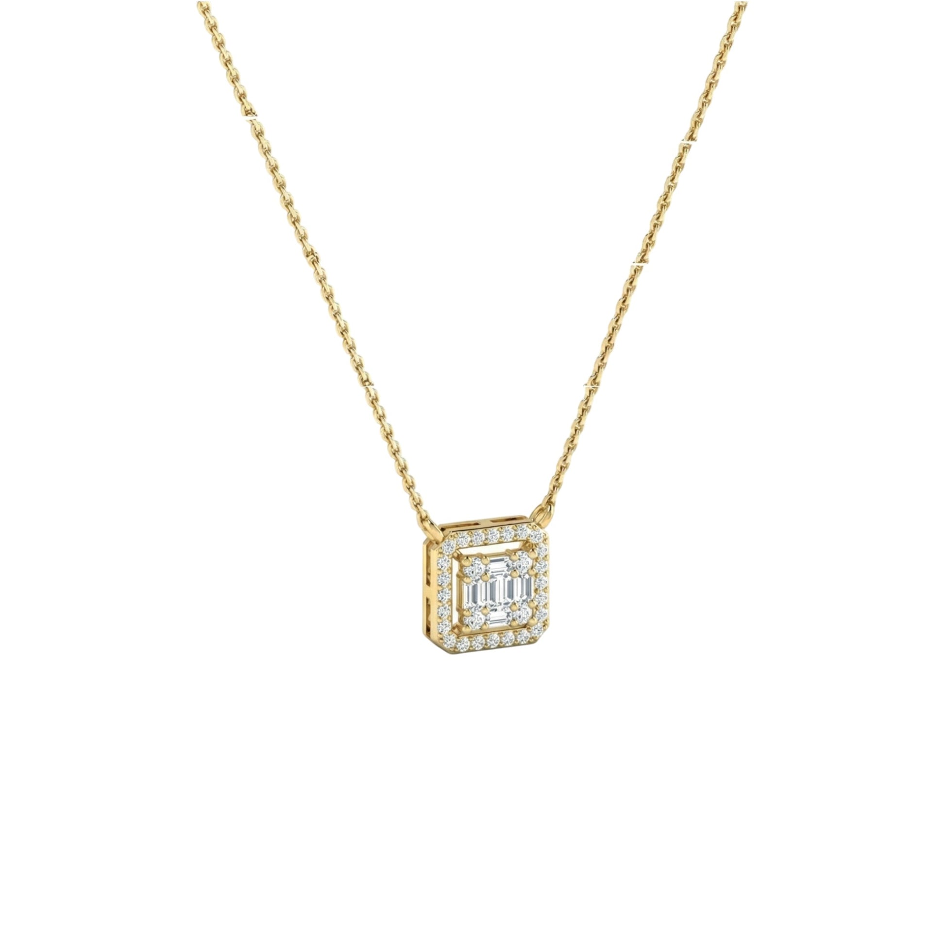 Gold necklace with a square pendant on a white background