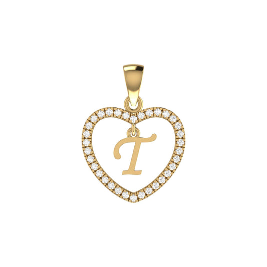 Gold heart-shaped pendant with letter 'T' and diamonds on a white background