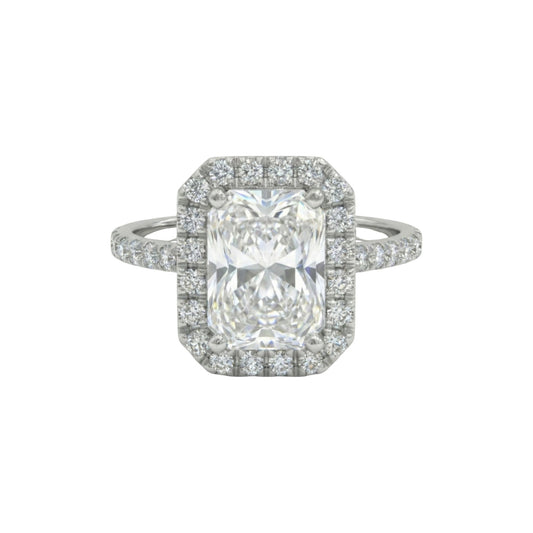 Diamond ring with a central gemstone and smaller diamonds on a white background