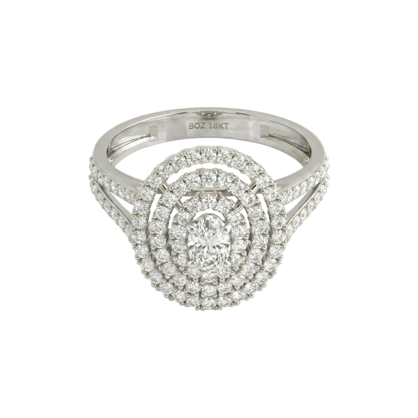 Silver ring with diamond accents on a white background