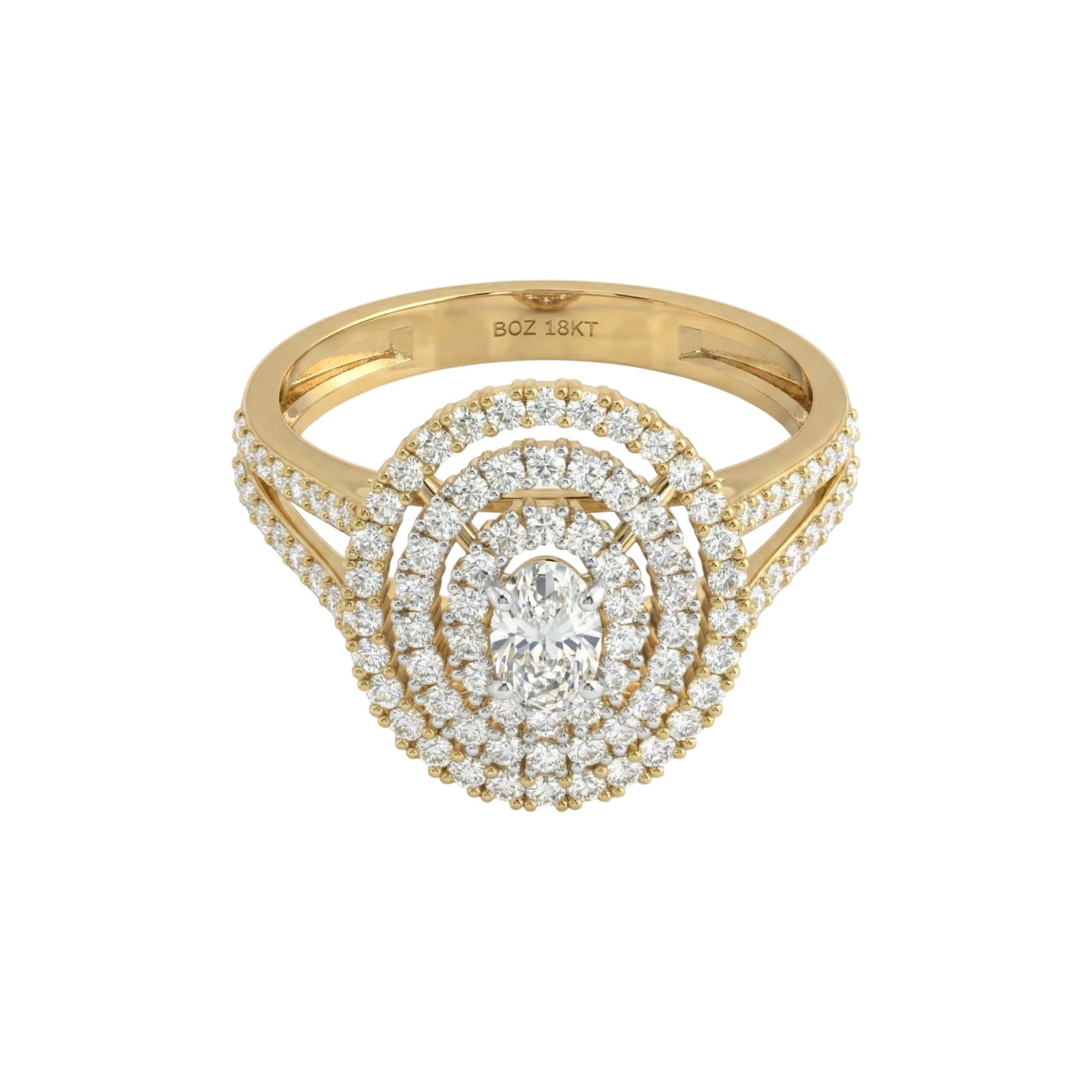 Gold ring with diamond accents on a white background