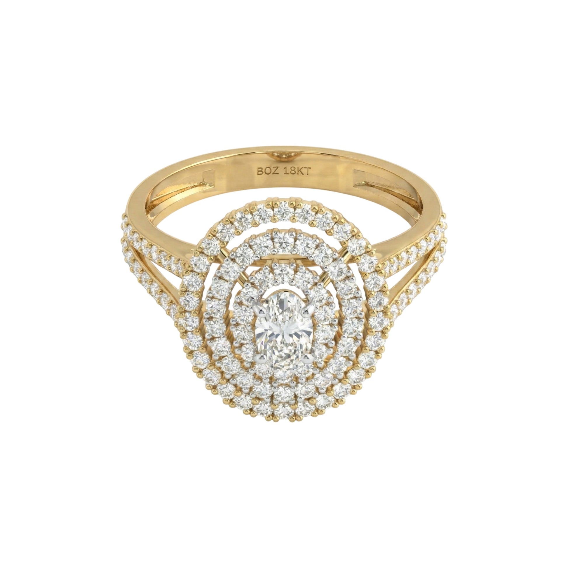 Gold ring with diamond accents on a white background